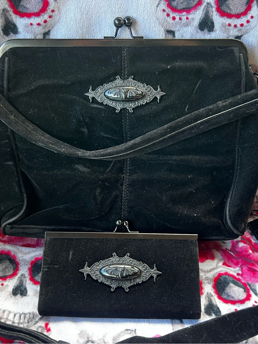Killstar Black Velvet Satchel and Matching Clutch with Silver Emblems